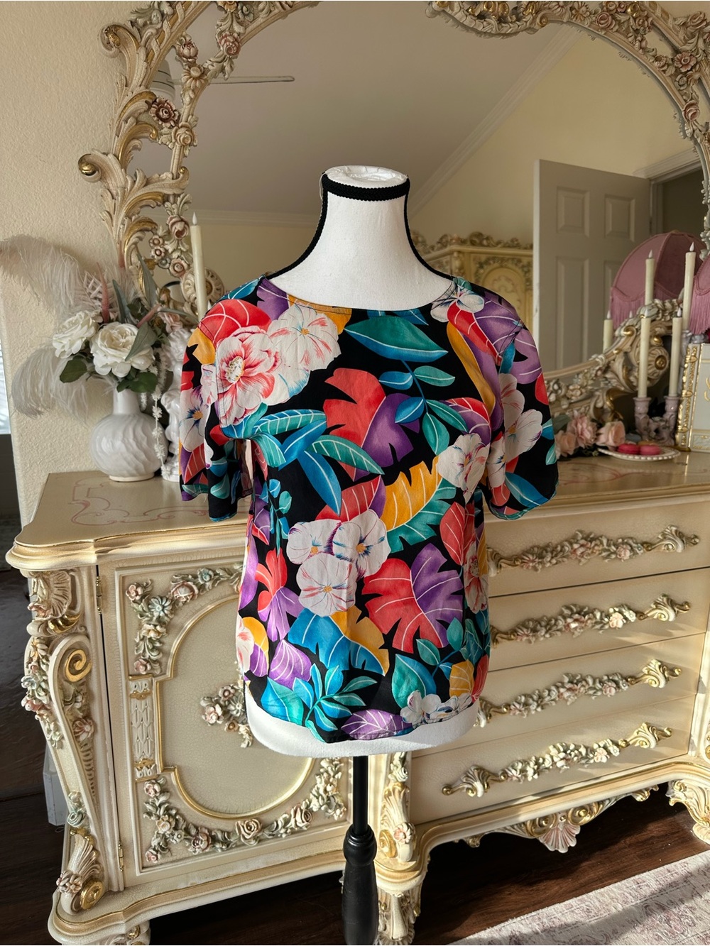 Vintage 100% Silk Tropical Floral Short Sleeve Blouse - Black Multi